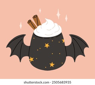 Vector colección de tazas lindas de Halloween. Cacao caliente, café y tazas de té con caras lindas, sombrero de bruja, alas de murciélago negro con estrellas y momia, bola de ojo. Ilustración plana de dibujos animados sobre fondo rosa