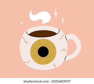 Vector colección de tazas lindas de Halloween. Cacao caliente, café y tazas de té con caras lindas, sombrero de bruja, alas de murciélago negro con estrellas y momia, bola de ojo. Ilustración plana de dibujos animados sobre fondo rosa