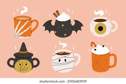 Vector collection of cute Halloween mugs. Hot cocoa, coffee and tea cups with cute faces, witch hat, black bat wings with stars and mummy, eye ball. Flat cartoon illustration on pink background