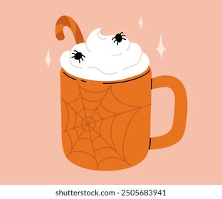 Vector collection of cute Halloween mugs. Hot cocoa, coffee and tea cups with cute faces, witch hat, black bat wings with stars and mummy, eye ball. Flat cartoon illustration on pink background