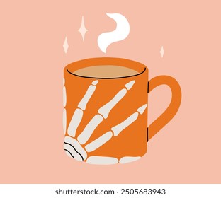 Vector colección de tazas lindas de Halloween. Cacao caliente, café y tazas de té con caras lindas, sombrero de bruja, alas de murciélago negro con estrellas y momia, bola de ojo. Ilustración plana de dibujos animados sobre fondo rosa