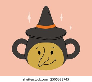 Vector colección de tazas lindas de Halloween. Cacao caliente, café y tazas de té con caras lindas, sombrero de bruja, alas de murciélago negro con estrellas y momia, bola de ojo. Ilustración plana de dibujos animados sobre fondo rosa