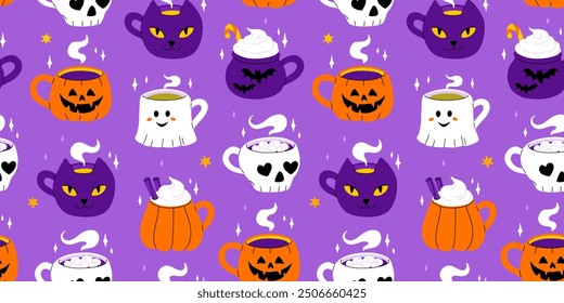 Vector collection of cute Halloween mugs. Hot cocoa with marshmallow, coffee and tea cups with cute faces, ghost, pumpkin, witch black cat and skull. Flat cartoon seamless pattern.