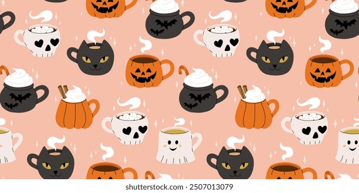 Vector collection of cute Halloween mugs. Hot cocoa with marshmallow, coffee and tea cups with cute faces, ghost, pumpkin, witch black cat and skull. Flat cartoon seamless pattern.