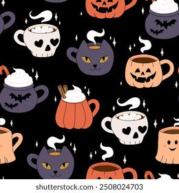 Vector collection of cute Halloween mugs. Hot cocoa with marshmallow, coffee and tea cups with cute faces, ghost, pumpkin, witch black cat and skull. Flat cartoon seamless pattern.