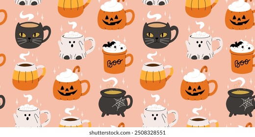 Vector collection of cute Halloween mugs. Hot cocoa with marshmallow, coffee and tea cups with cute faces, ghost, pumpkin, witch black cat and skull. Flat cartoon seamless pattern.