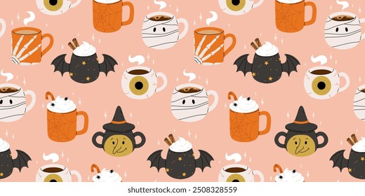 Vector colección de tazas lindas de Halloween. Cacao caliente, café y tazas de té con caras lindas, sombrero de bruja, alas de murciélago negro con estrellas y momia, bola de ojo. Patrón inconsútil plano de la historieta