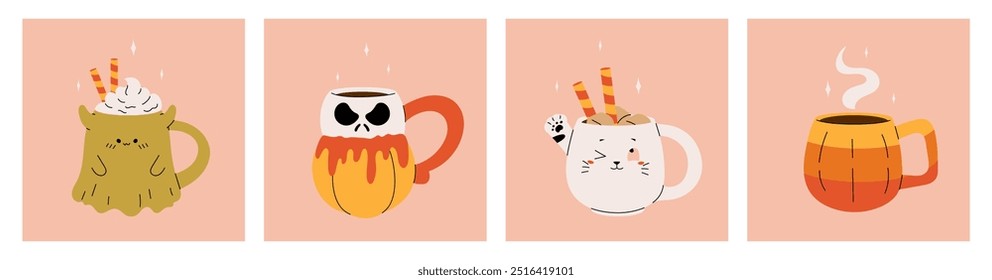 Vector collection of cute Halloween mugs. Hot cocoa with marshmallows, coffee and tea cups with cat, skull, candy. Flat cartoon illustration on pink background. Vector stock illustration