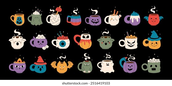 Vector colección de tazas lindas de Halloween. Cacao caliente con malvavisco, café y tazas de té con caras lindas, fantasma, calabaza, gato negro de bruja, ojo, murciélago y cráneo. Ilustración plana de dibujos animados 