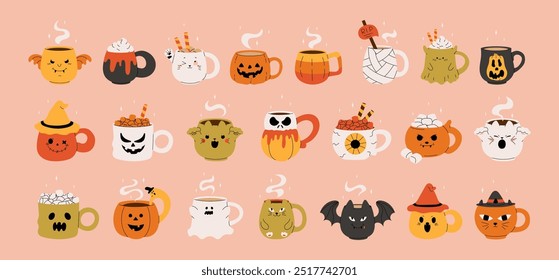 Vector collection of cute Halloween mugs. Hot cocoa with marshmallow, coffee and tea cups with cute faces, ghost, pumpkin, witch black cat,eye, bat, skull. Hand drawn illustration on pink background