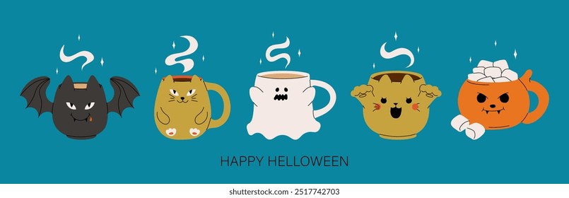 Vector colección de tazas lindas de Halloween. Cacao caliente con malvavisco, café y tazas de té con caras lindas, fantasma, calabaza, gato negro. Ilustración plana de dibujos animados sobre fondo azul