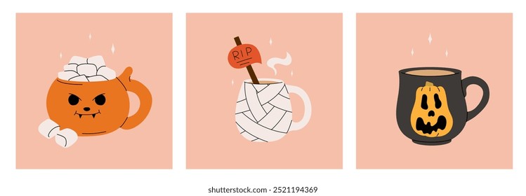 Vector collection of cute Halloween mugs. Hot cocoa with marshmallows, coffee and tea cups with pumpkins. Flat cartoon illustration on pink background. Vector stock illustration