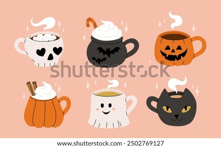 Vector collection of cute Halloween mugs. Hot cocoa with marshmallow, coffee and tea cups with cute faces, ghost, pumpkin, witch black cat and skull. Flat cartoon illustration on pink background