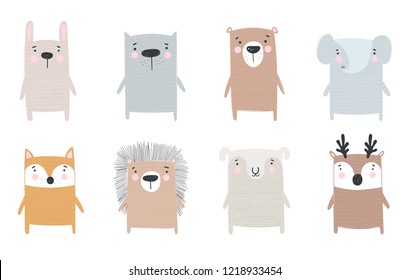 Vector Collection Of Cute Hand Drawn Animals. Doodle Illustration. Winter Holidays, Baby Shower, Birthday, Children's Party
