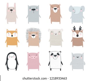 Vector collection of cute hand drawn animals. Doodle illustration. Winter holidays, baby shower, birthday, children's party