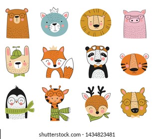 Vector collection of cute hand drawn animals. Banner with adorable objects isolated on background. Valentine's day, anniversary, save the date, baby shower, bridal, birthday, decoration