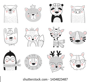 Vector collection of cute hand drawn animals. Banner with adorable objects isolated on background. Valentine's day, anniversary, save the date, baby shower, bridal, birthday, decoration