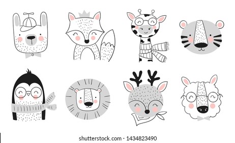 Vector collection of cute hand drawn animals. Banner with adorable objects isolated on background. Valentine's day, anniversary, save the date, baby shower, bridal, birthday, decoration