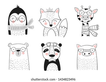 Vector collection of cute hand drawn animals. Banner with adorable objects isolated on background. Valentine's day, anniversary, save the date, baby shower, bridal, birthday, decoration