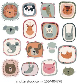 Vector collection of cute hand drawn animal faces and beautiful frames in simple scandinavian style. Big icon set for baby design