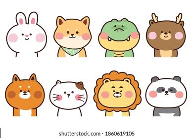 Vector collection of cute hand drawn animals.Character cartoon.Graphic design.Rabbit,dog,crocodile,deer,fox,cat,lion,panda.Kawaii.Illustration.