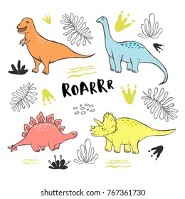 Vector collection of cute hand drawn dinosaurs, including T-rex, Pterodactyl, Brachiosaurus and Triceratop, isolated on white