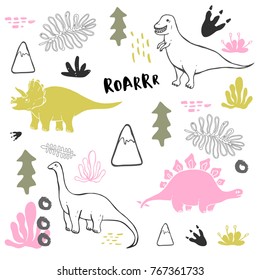 Vector collection of cute hand drawn dinosaurs, including T-rex, Pterodactyl, Brachiosaurus and Triceratop, isolated on white