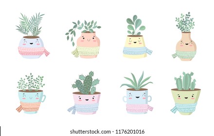 Vector collection of cute house plants in flower pots with scarf. Valentine's day, anniversary, autumn fest, Thanksgiving, baby shower, birthday
