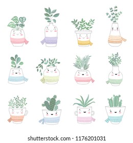 Vector collection of cute house plants in flower pots with scarf. Valentine's day, anniversary, autumn fest, Thanksgiving, baby shower, birthday
