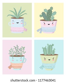 Vector collection of cute house plants in flower pots with scarf. Valentine's day, anniversary, autumn fest, Thanksgiving, baby shower, birthday
