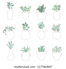 Vector collection of cute house plants in flower pots. Valentine's day, anniversary, autumn fest, Thanksgiving, baby shower, birthday
