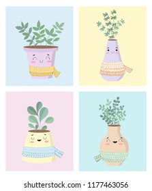 Vector collection of cute house plants in flower pots with scarf. Valentine's day, anniversary, autumn fest, Thanksgiving, baby shower, birthday
