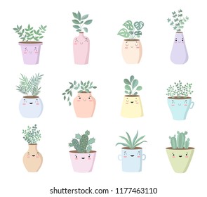 Vector collection of cute house plants in flower pots. Valentine's day, anniversary, autumn fest, Thanksgiving, baby shower, birthday