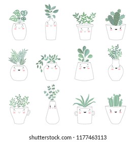 Vector collection of cute house plants in flower pots. Valentine's day, anniversary, autumn fest, Thanksgiving, baby shower, birthday