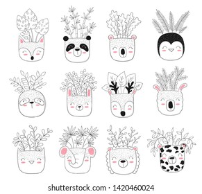 Vector collection of cute house plants in funny animal pots. Poster with adorable objects on background. Valentine's day, anniversary, save the date, baby shower, bridal, birthday, decoration