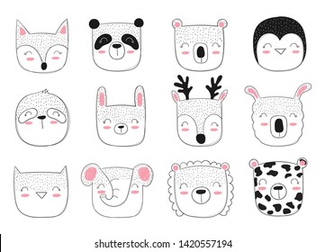 Vector collection of cute house plants in funny animal pots. Poster with adorable objects on background. Valentine's day, anniversary, save the date, baby shower, bridal, birthday, decoration