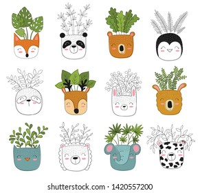 Vector collection of cute house plants in funny animal pots. Poster with adorable objects on background. Valentine's day, anniversary, save the date, baby shower, bridal, birthday, decoration