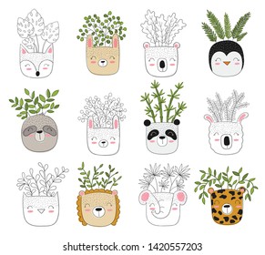 Vector collection of cute house plants in funny animal pots. Poster with adorable objects on background. Valentine's day, anniversary, save the date, baby shower, bridal, birthday, decoration