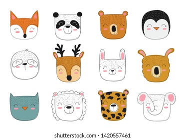 Vector collection of cute house plants in funny animal pots. Poster with adorable objects on background. Valentine's day, anniversary, save the date, baby shower, bridal, birthday, decoration