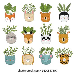 Vector collection of cute house plants in funny animal pots. Poster with adorable objects on background. Valentine's day, anniversary, save the date, baby shower, bridal, birthday, decoration