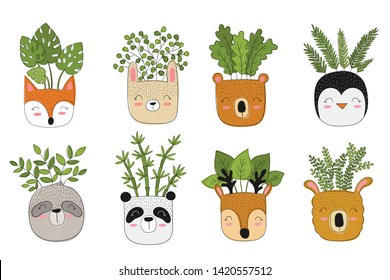 Vector collection of cute house plants in funny animal pots. Poster with adorable objects on background. Valentine's day, anniversary, save the date, baby shower, bridal, birthday, decoration