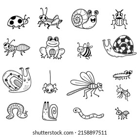 Colección de vectores de insectos lindos. Doodle lineal dibujado a mano. Personajes decorativos aislados: rana, caracol, escarabajos y araña, libélula y abeja, pichón y mosquito para diseño, decoración, decoración.