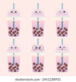 Vector collection of cute Kawaii Boba Teas face emoji emotes expressions