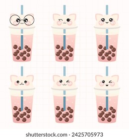 Vector collection of cute kawaii bubble tea and boba tea emoji face expression