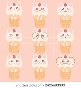 Vector collection of cute kawaii ice cream face emoji expressions