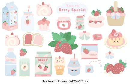 Vector collection of cute kawaii Strawberry Themed Clipart and strawberry dessert