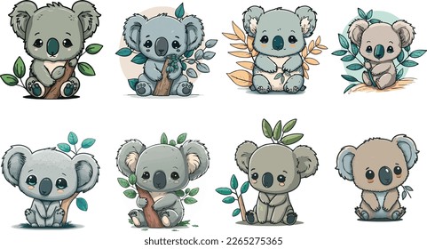 Colección vectorial de adorables koala para dibujos animados de niños. Colección de koala