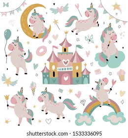 Vector collection of cute little unicorns, rainbow, stars fairy castle. Magical set for children design.