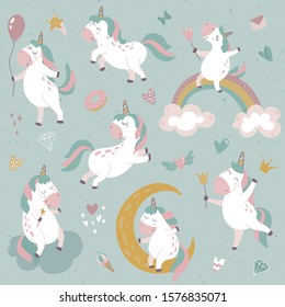 Vector collection of cute little unicorns, rainbow, stars, moon. Magical set for children design.