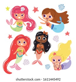 Vector collection of cute mermaids of different ethnicities, hand drawn style. Under the sea set  - little mermaids, seashells, stars. Perfect for kids graphic tees, fabric, textile, posters, stickers